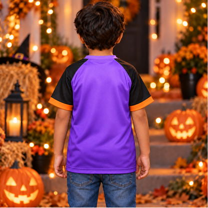 Kids Halloween Jersey – Purple Witch Cat & Moon Print