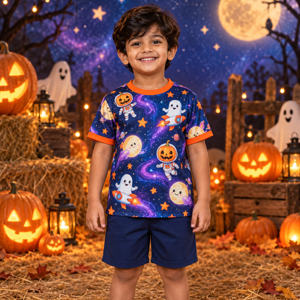 Kids Halloween Space Jersey – Pumpkin Astronaut & Ghost Print