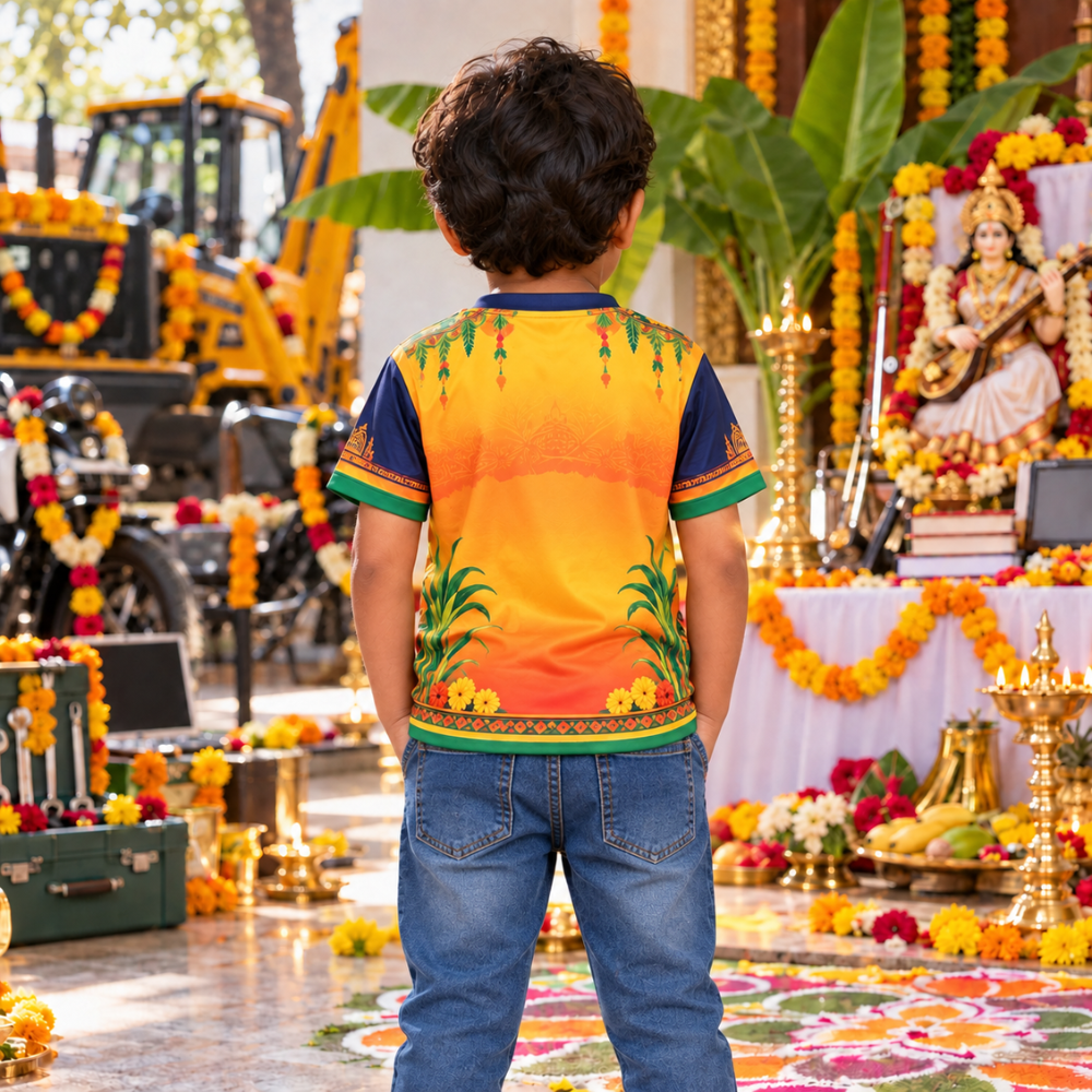 Ayudha Pooja Kids Jersey T-Shirt | Orange Tractor, Tools & Books Festive Print