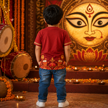 Happy Durga Puja Kids Jersey T-Shirt | Red Maa Durga Festival Tee for Boys