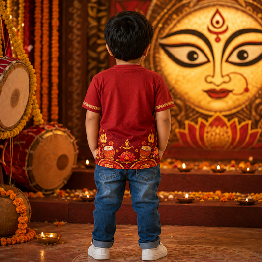 Happy Durga Puja Kids Jersey T-Shirt | Red Maa Durga Festival Tee for Boys