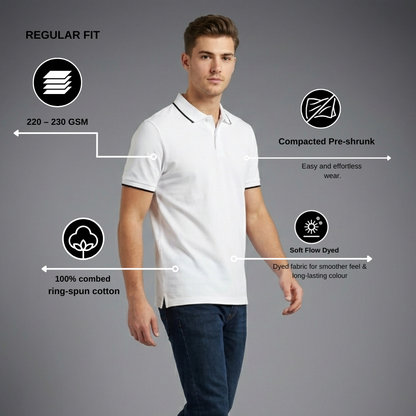 White Polo T-Shirt for Men – Tipping Collar Cotton Tee | Regular Fit