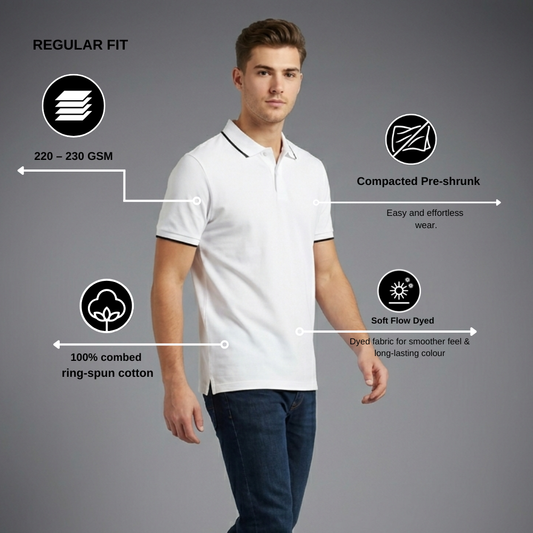 White Polo T-Shirt for Men – Tipping Collar Cotton Tee | Regular Fit