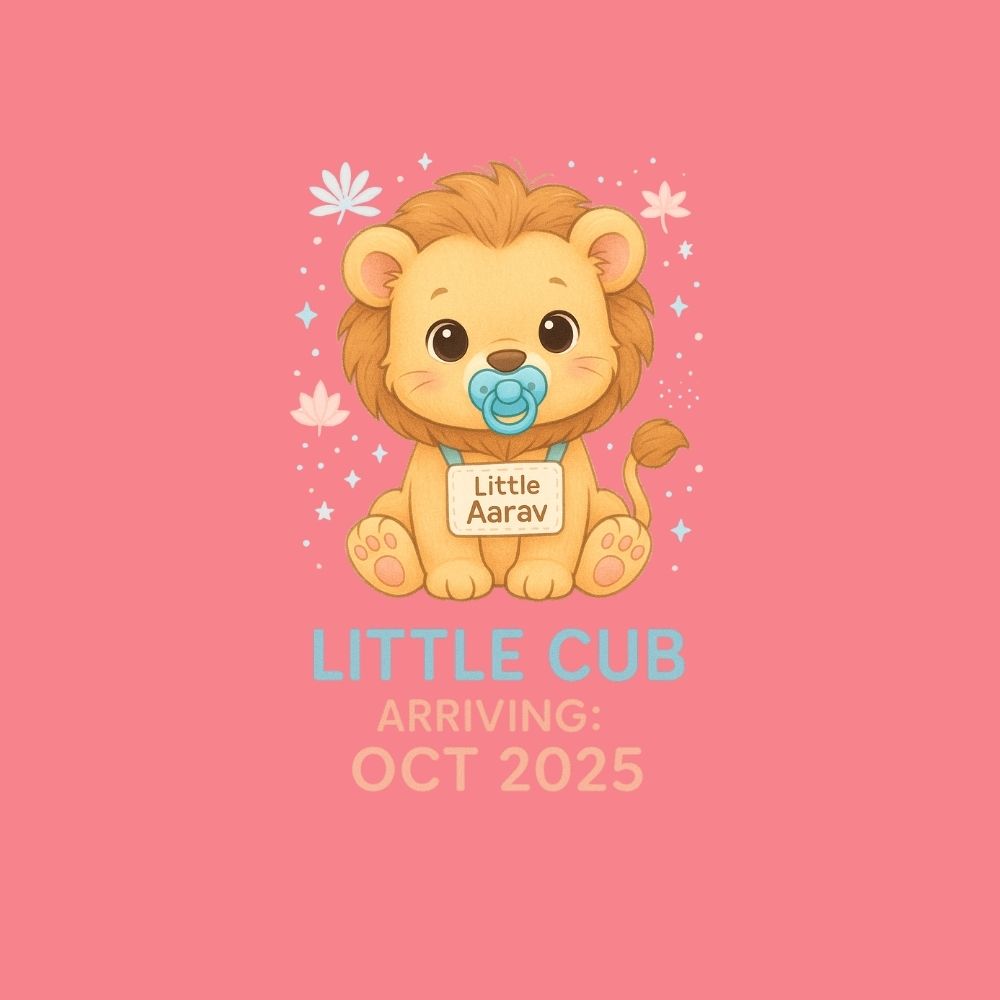 Cartoon lion with a pacifier on a pink background with text 'Little Cub Arriving: Oct 2025'.