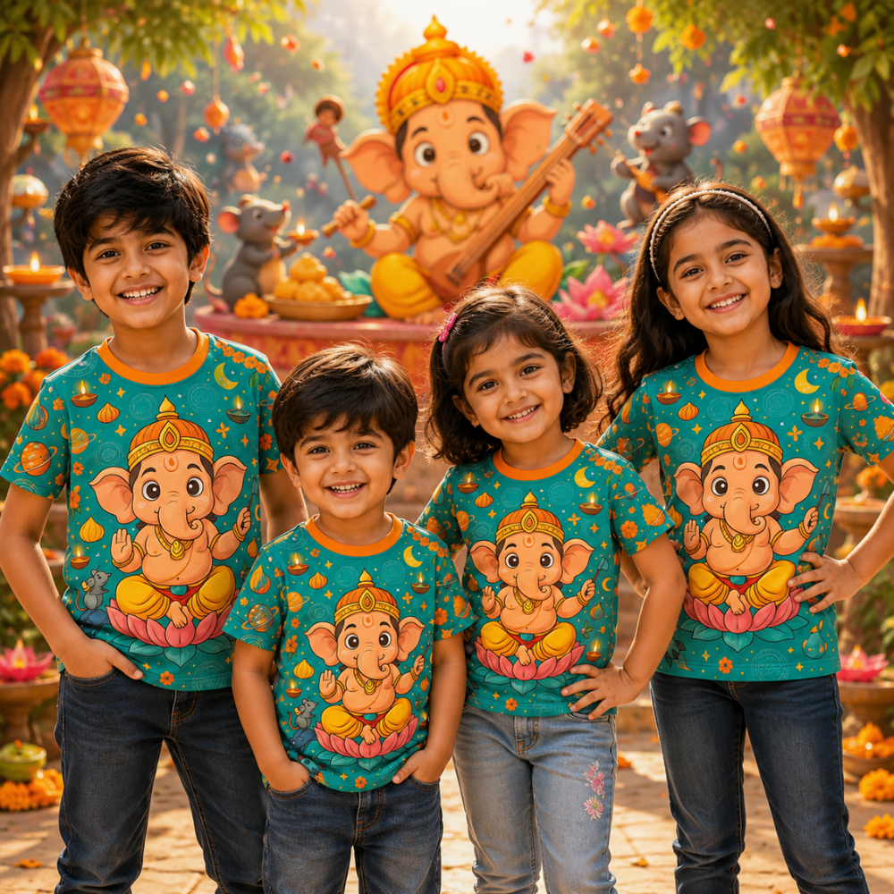 Kids Ganesh Chaturthi Jersey | Cute Bal Ganpati Bappa All Over Print T-Shirt for Boys & Girls