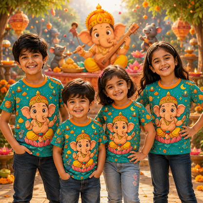 Kids Ganesh Chaturthi Jersey | Cute Bal Ganpati Bappa All Over Print T-Shirt for Boys & Girls