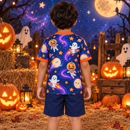 Kids Halloween Space Jersey – Pumpkin Astronaut & Ghost Print