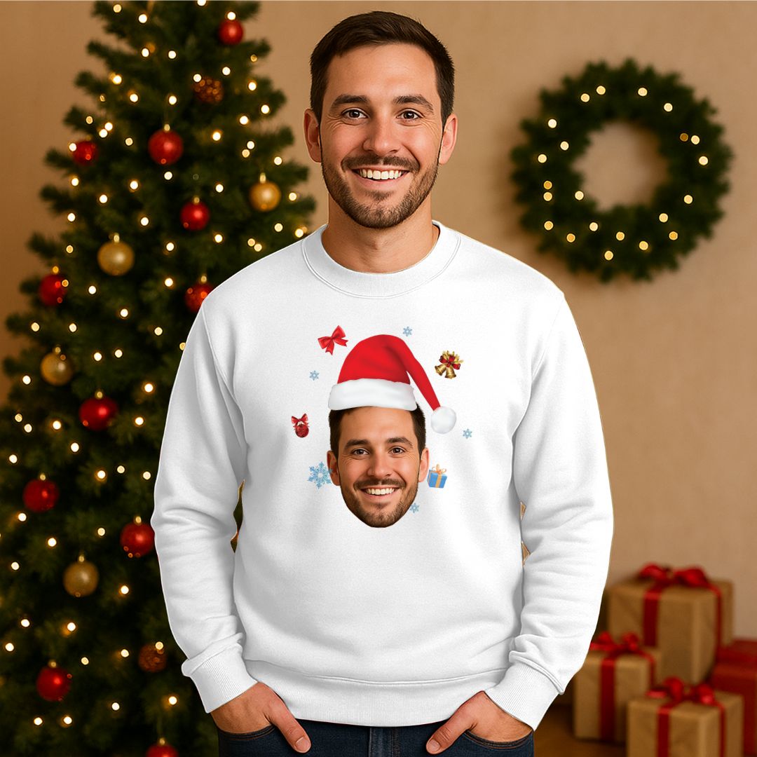 Customized Christmas Sweatshirt with Your Face – Santa Hat Style