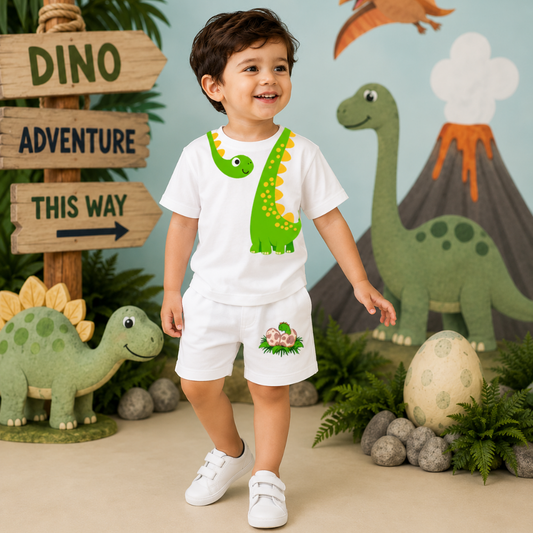 Personalized Dinosaur Kids Co-Ord Set | Custom Name Cotton T-Shirt & Shorts for Boys & Girls