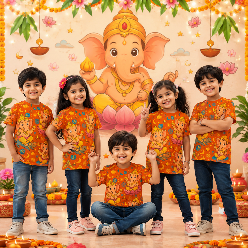 Kids Ganesh Chaturthi Jersey | Cute Ganpati Bappa Orange All Over Print T-Shirt for Boys & Girls