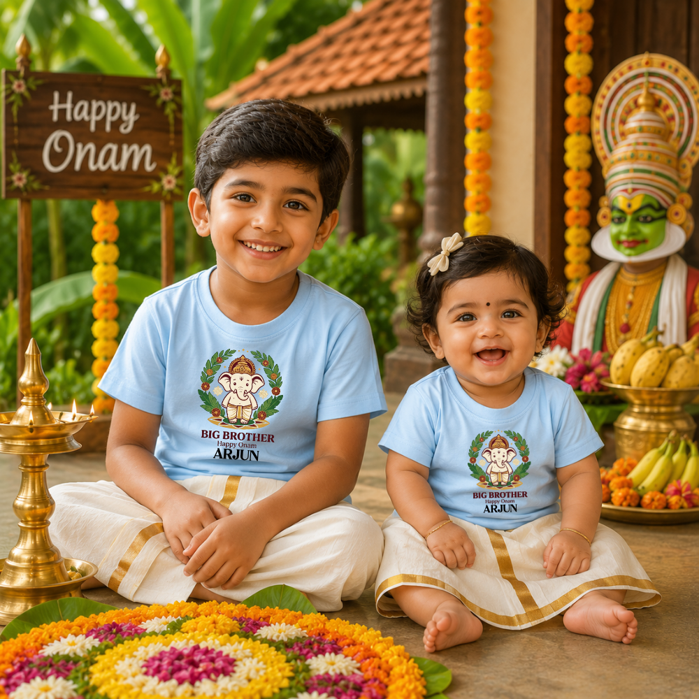 Personalized Happy Onam Sibling T-Shirt Combo | Premium Cotton Kids Wear