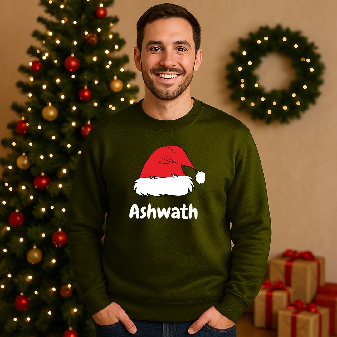 Custom Name Christmas Sweatshirt with Cute Santa Hat for Men & Women