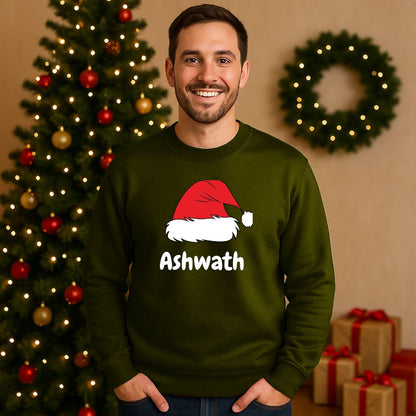 Custom Name Christmas Sweatshirt with Cute Santa Hat for Men & Women