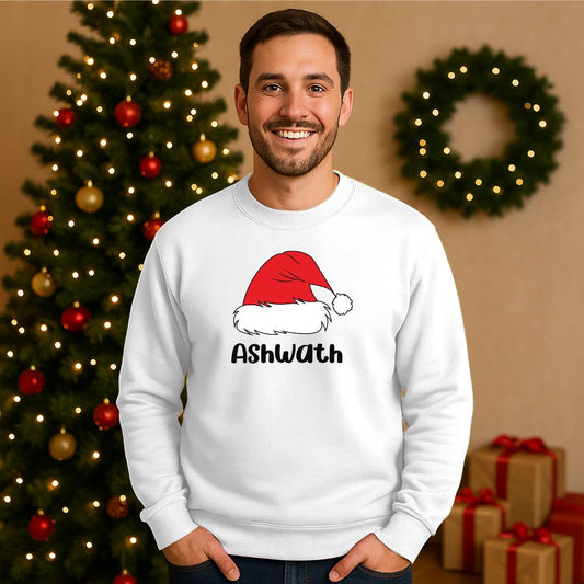 Custom Name Christmas Sweatshirt with Cute Santa Hat for Men & Women
