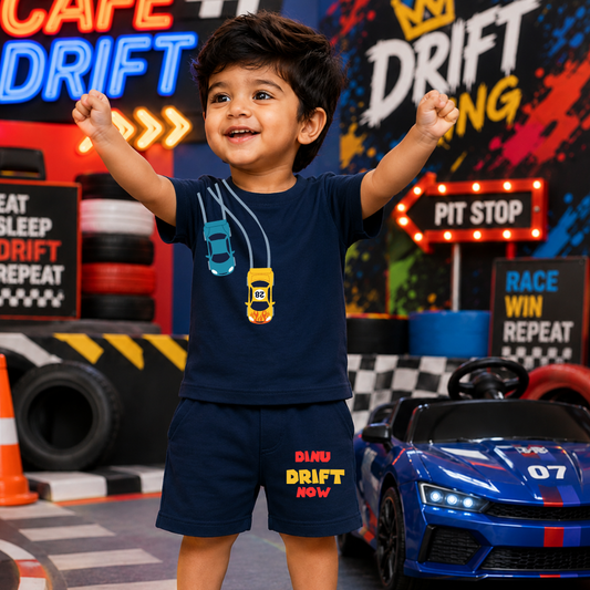 Drift Racing Kids Co-Ord Set | Custom Name Cotton T-Shirt & Shorts Outft