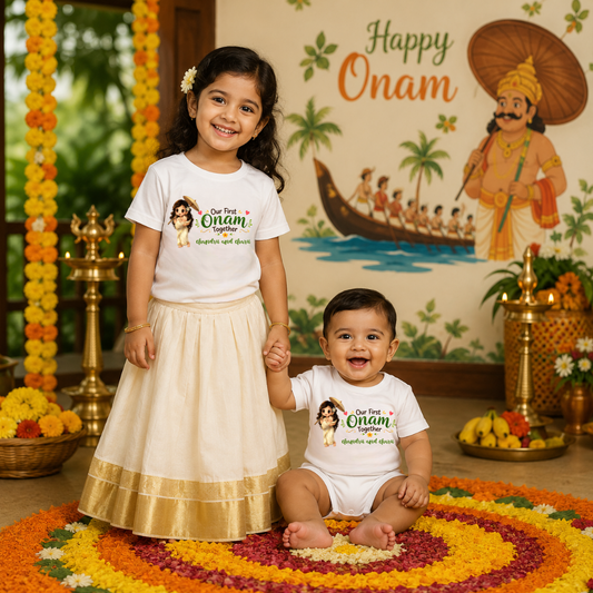 Kerala Festival Sibling T-Shirt & Baby Romper Combo | Soft Cotton Outfit