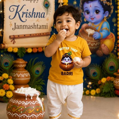 Little Butter Thief Personalized Krishna Janmashtami Kids T-Shirt – Custom Name