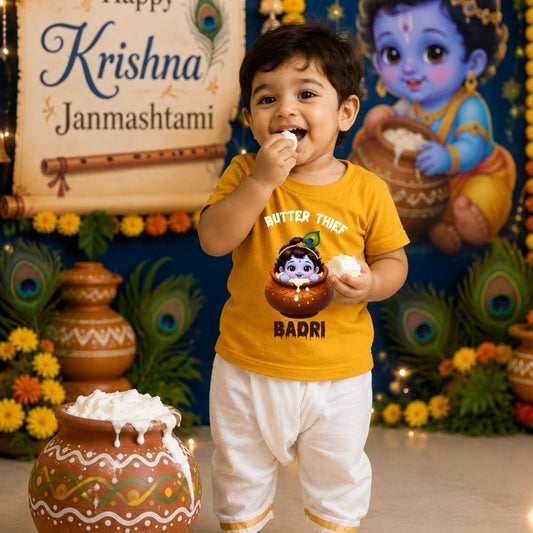 Little Butter Thief Personalized Krishna Janmashtami Kids T-Shirt – Custom Name
