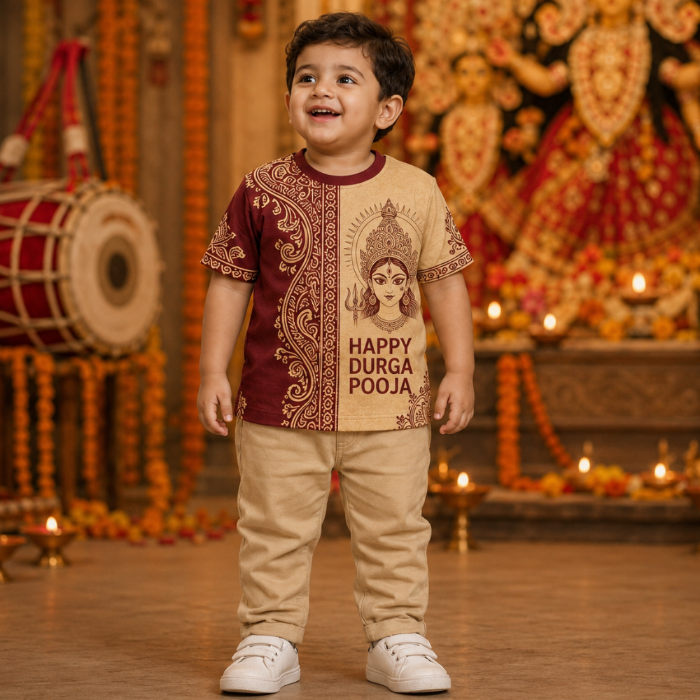 Happy Durga Puja Kids Jersey T-Shirt | Traditional Maa Durga Maroon Beige Festive Tee