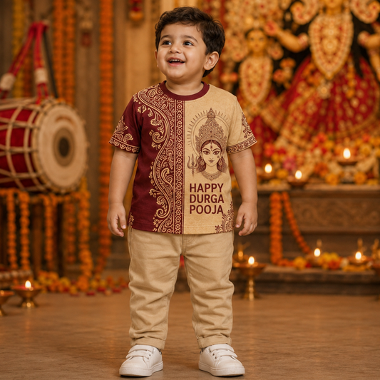 Happy Durga Puja Kids Jersey T-Shirt | Traditional Maa Durga Maroon Beige Festive Tee