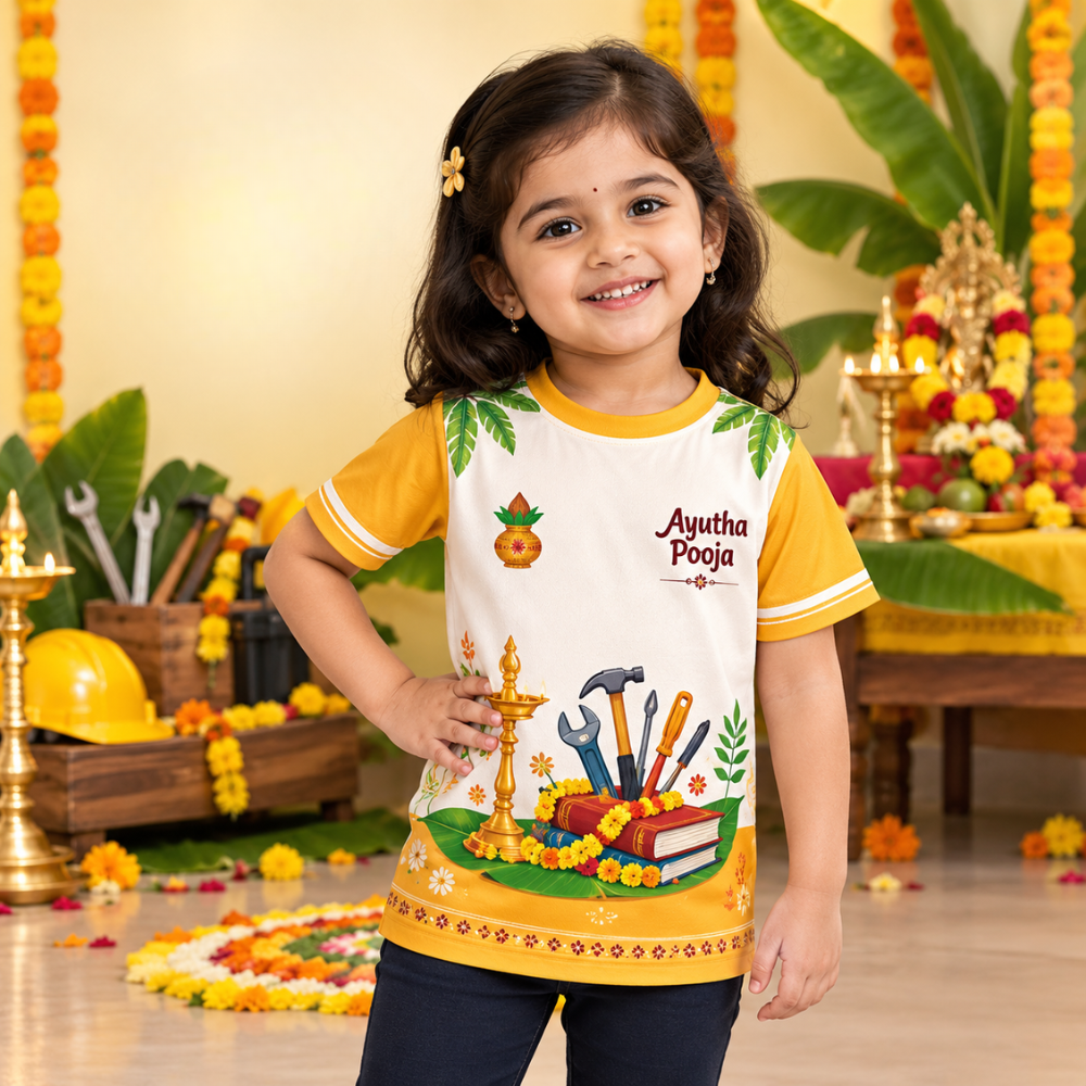 Ayudha Pooja Kids Jersey T-Shirt | Yellow Sleeves, Festive Tools & Books Print