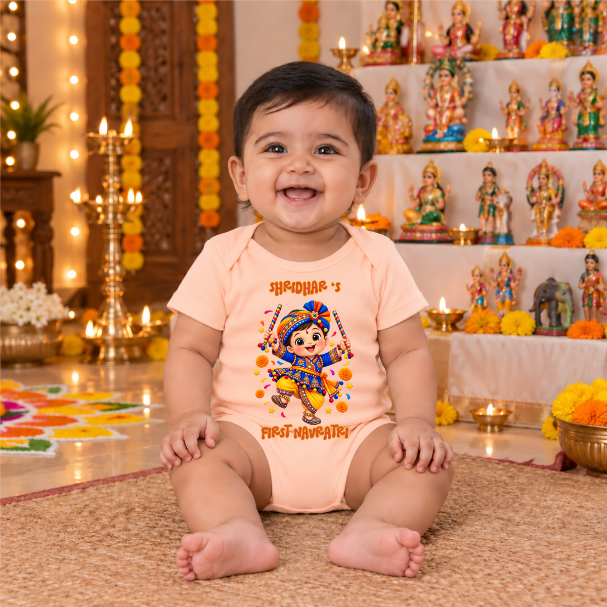 Personalized Baby’s First Navratri Romper | Peach Dandiya Baby Design