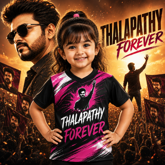 Thalapathy Forever Girls Fan Jersey | Premium Black & Pink Half Sleeve T-Shirt for Kids