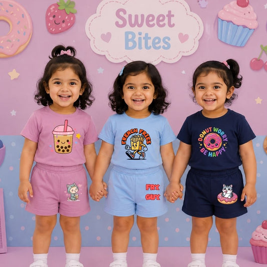 Cute Food Theme Kids Co-Ord Set | Premium Cotton Printed T-Shirt & Shorts
