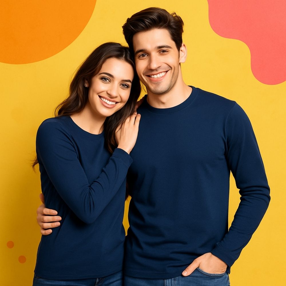 Full Sleeve Couple T Shirt-Navy Blue