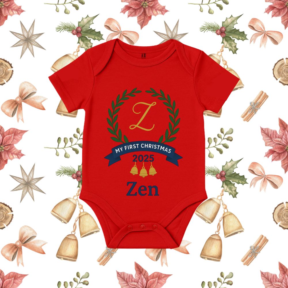 My First Christmas 2025 Baby Romper - Wreath, Bells & Custom Name Zen design