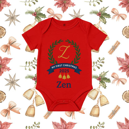 My First Christmas 2025 Baby Romper - Wreath, Bells & Custom Name Zen design