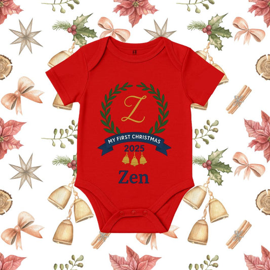 My First Christmas 2025 Baby Romper - Wreath, Bells & Custom Name Zen design