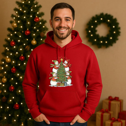 Unisex Christmas Hoodie with Snowman & Tree Design
