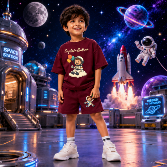 Space Explorer Kids Co-Ord Set | Custom Name Astronaut Cotton T-Shirt & Shorts for Boys & Girls