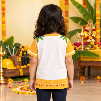 Ayudha Pooja Kids Jersey T-Shirt | Yellow Sleeves, Festive Tools & Books Print