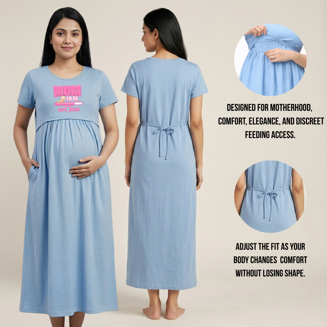 Maternity & Nursing Dress in Cotton | Feeding Nighty with Adjustable Back Tie | Pregnancy & Postpartum Wear | Custom Print Option