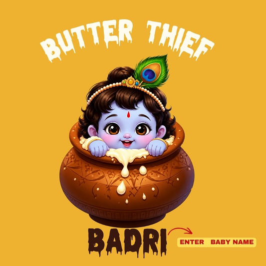 Little Butter Thief Personalized Krishna Janmashtami Kids T-Shirt – Custom Name
