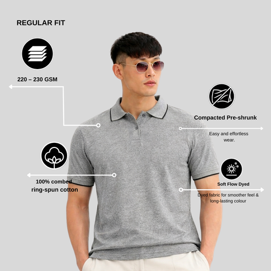 Men’s Grey Basic Polo T-Shirt – Cotton Collar Tee | Regular Fit