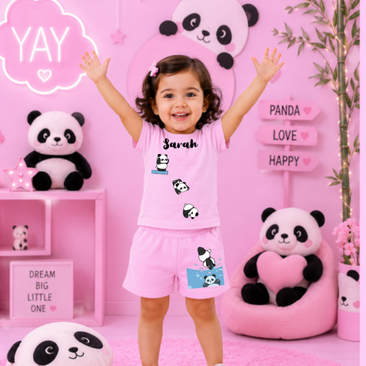 Panda Kids Co-Ord Set | Custom Name Cotton T-Shirt & Shorts for Boys & Girls
