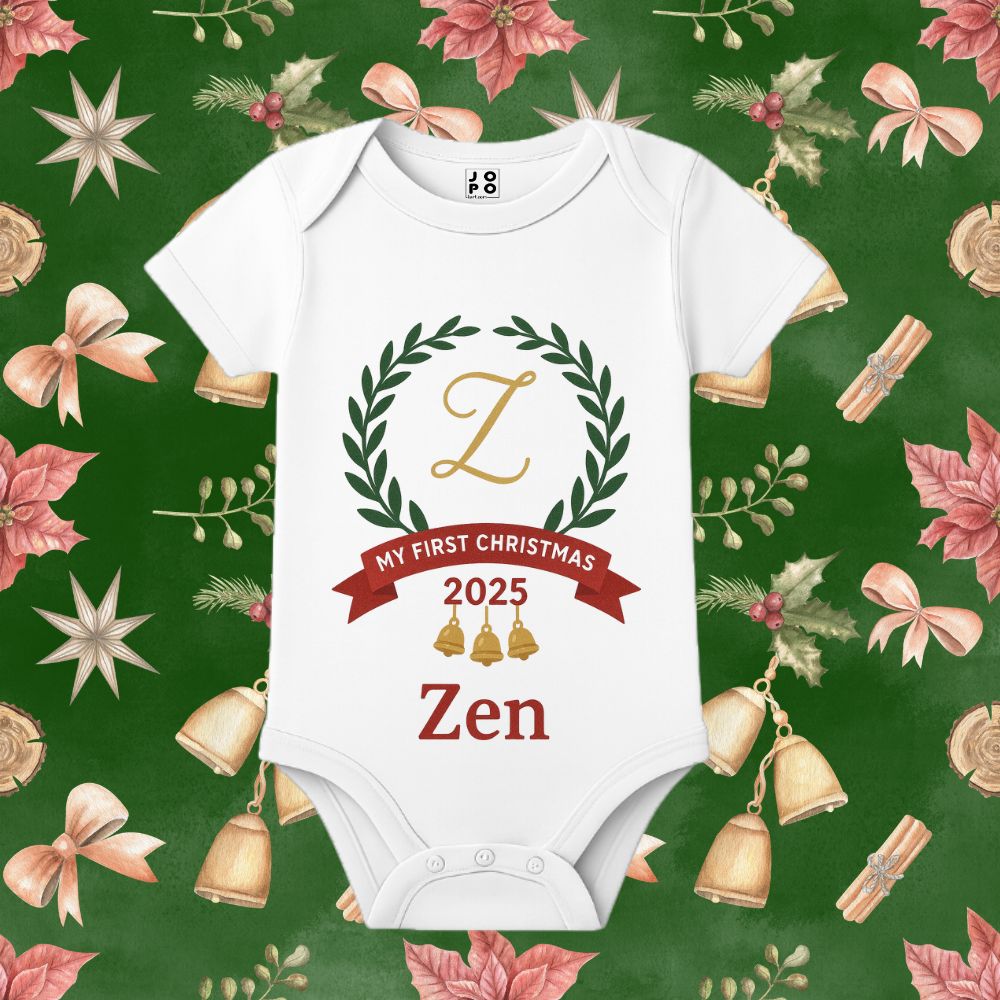 My First Christmas 2025 Baby Romper - Wreath, Bells & Custom Name Zen design