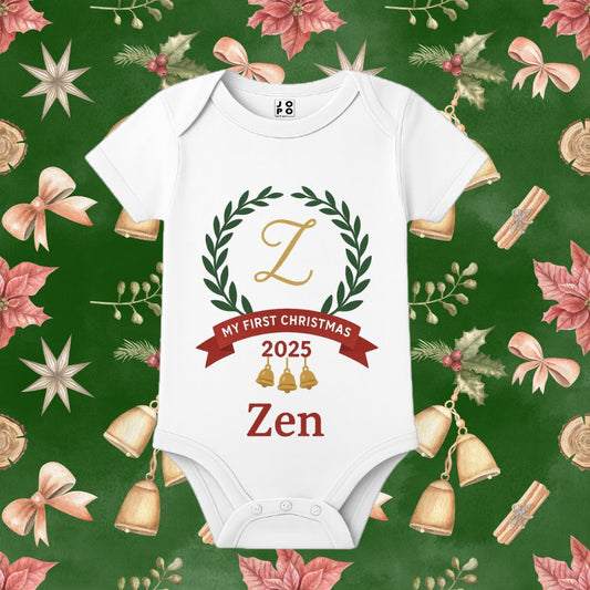 My First Christmas 2025 Baby Romper - Wreath, Bells & Custom Name Zen design
