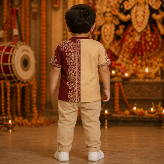 Happy Durga Puja Kids Jersey T-Shirt | Traditional Maa Durga Maroon Beige Festive Tee