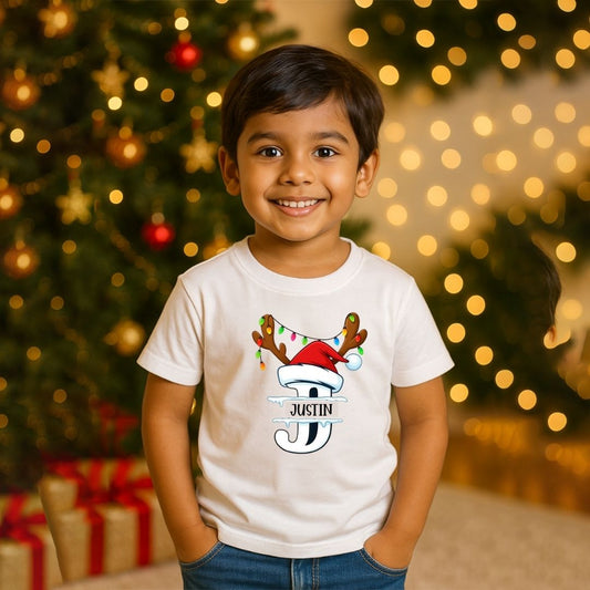 Personalized Kids Christmas Initial T-Shirt | Custom Monogram Reindeer & Santa Hat Tee