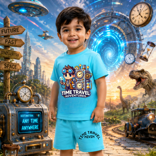 Time Travel Adventures Kids Co-Ord Set | Custom Name Cotton T-Shirt & Shorts for Boys & Girls