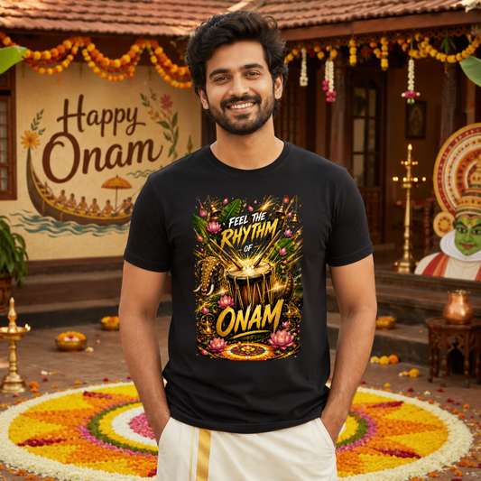 Feel the Rhythm of Onam T-Shirt  – Chenda Melam Kerala Festival Graphic Tee