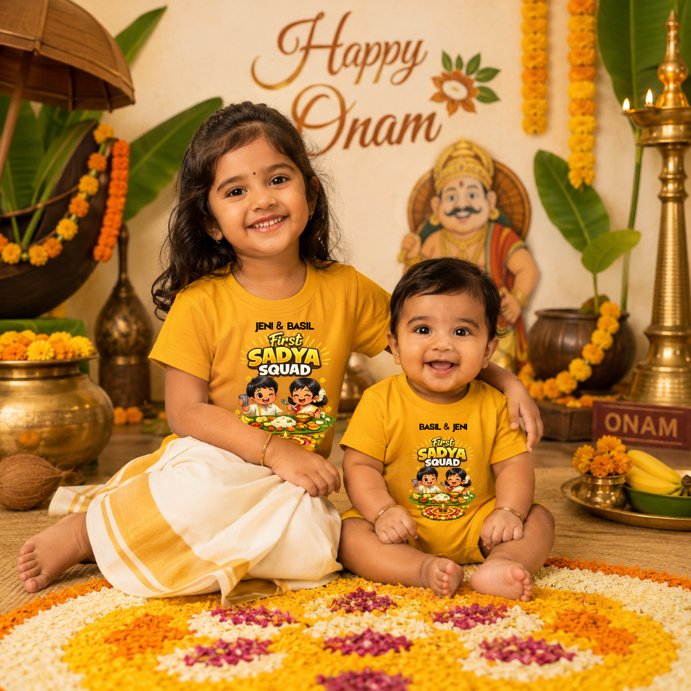 Premium Onam T-Shirt & Baby Romper Combo | Matching Sibling Festival Wear