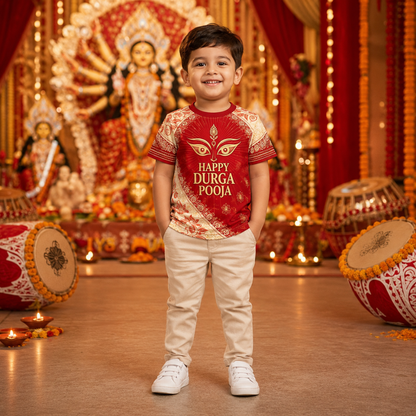 Happy Durga Puja Kids Jersey T-Shirt | Red & Cream Maa Durga Festival Tee