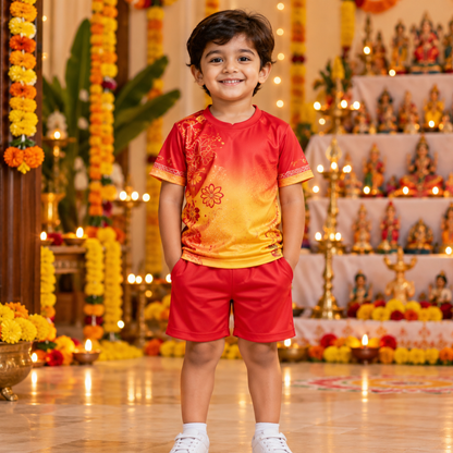 Ayudha Pooja Kids Jersey and Shorts Set | Red & Yellow Floral Festive Outfit