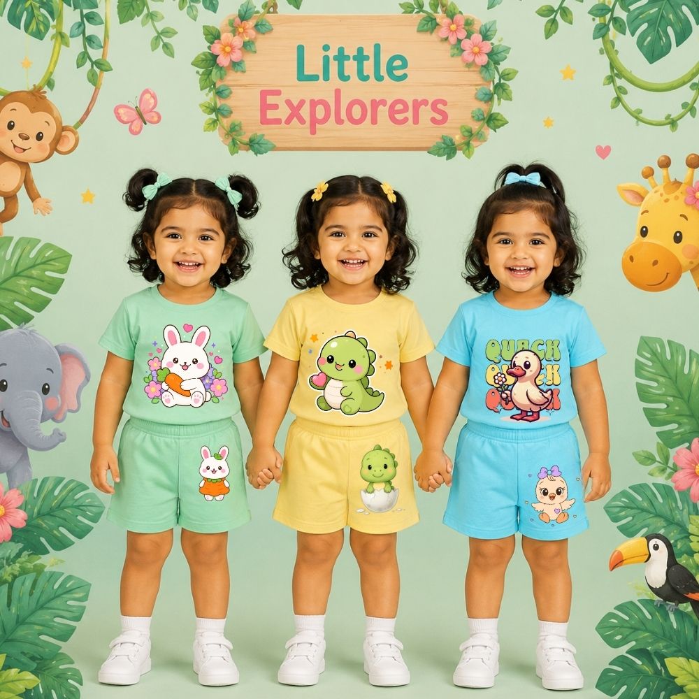 Cute Animal Theme Kids Co-Ord Set | Premium Cotton Printed T-Shirt & Shorts