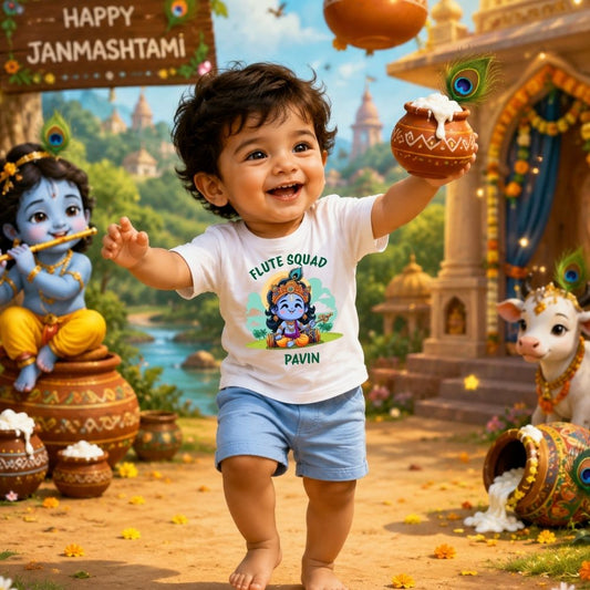 Flute Squad Personalized Krishna Janmashtami Kids T-Shirt – Custom Name